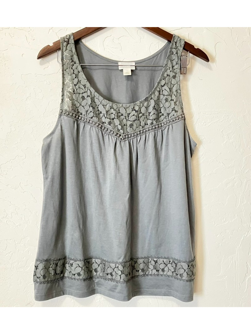 Pima Cotton Tank Top Gray Floral Lace Trim Sz L Boho Cottagecore